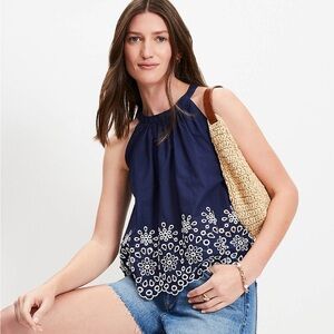 Loft Daisy Blue and White Eyelet Scalloped Halter Top Women’s Size M 38476730